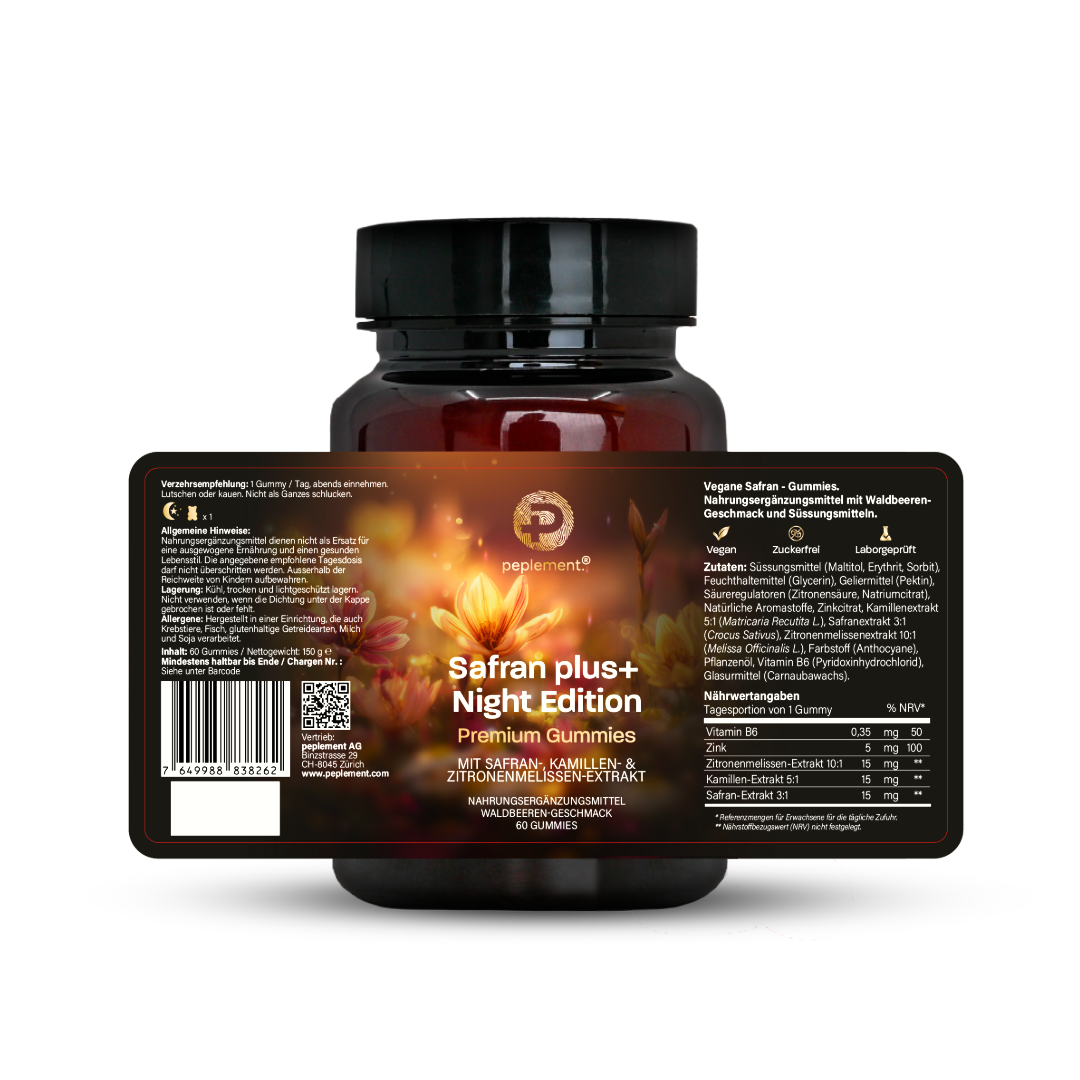 Safran plus+ Night Edition – Zuckerfreie, vegane Gummies mit Safran, Melisse, Kamille, Zink & Vitamin B6