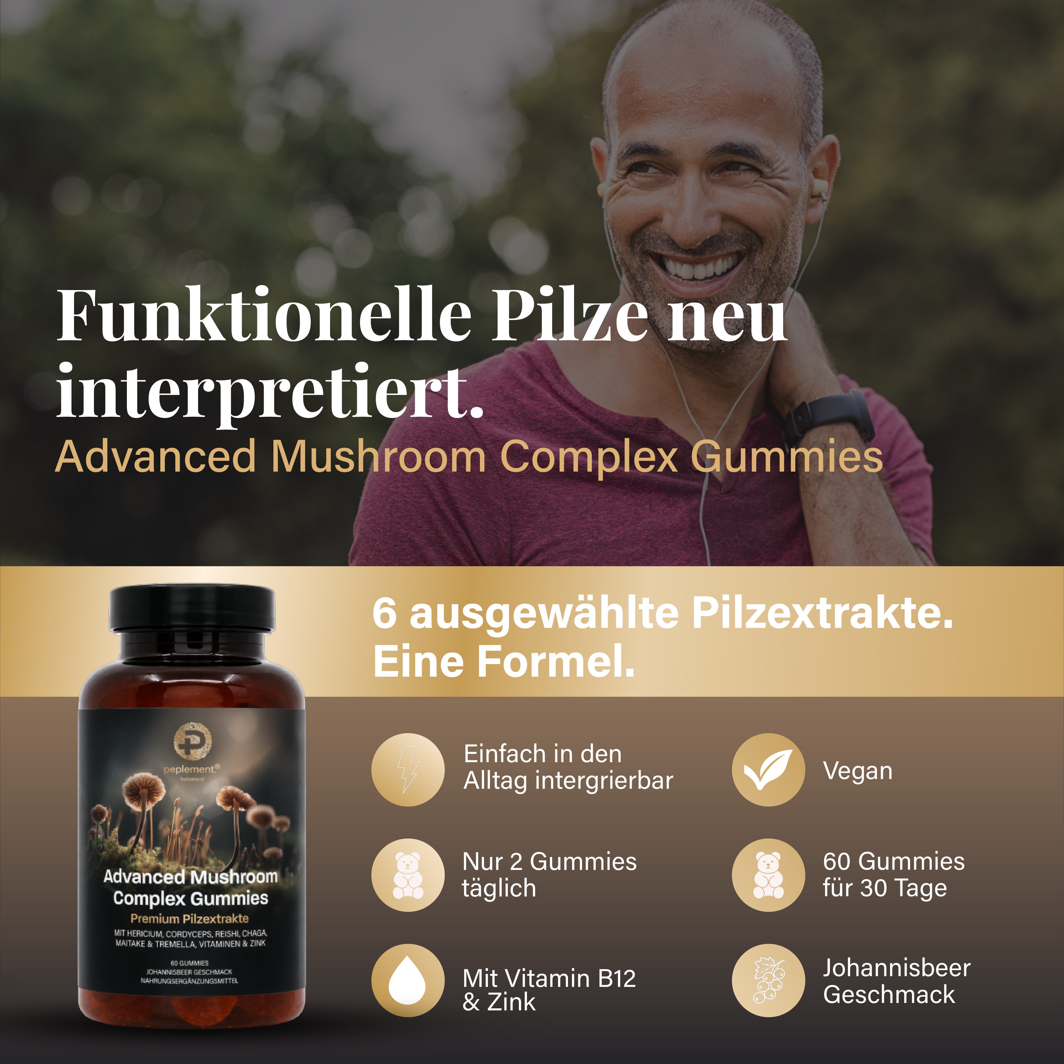 Advanced Mushroom Complex Gummies - Hericium, Reishi, Cordyceps, Chaga, Maitake & Tremella