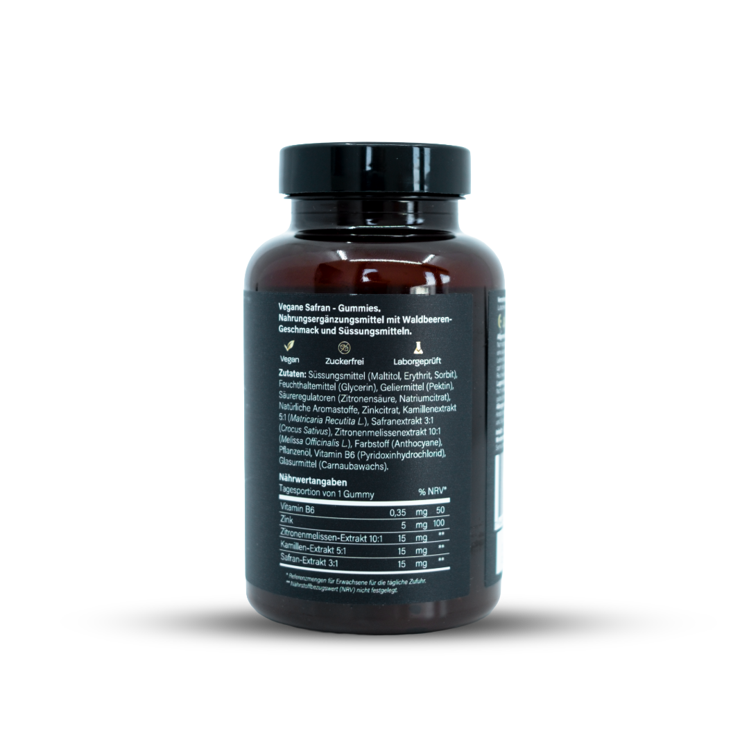 Safran plus+ Night Edition – Zuckerfreie, vegane Gummies mit Safran, Melisse, Kamille, Zink & Vitamin B6